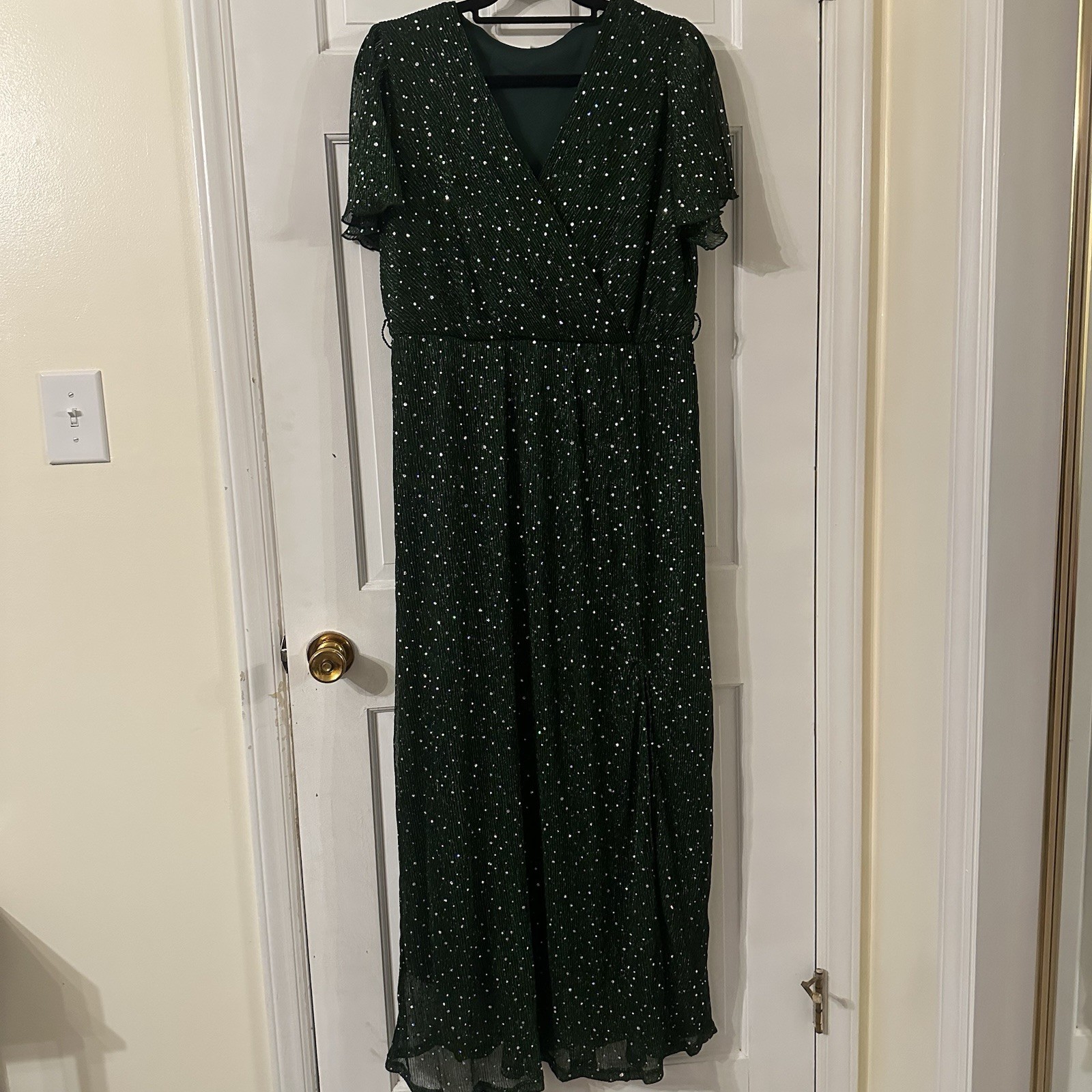 Green Polka Dot Chiffon Polyester Jumpsuit XL Flutter Sleeve Wide-Leg