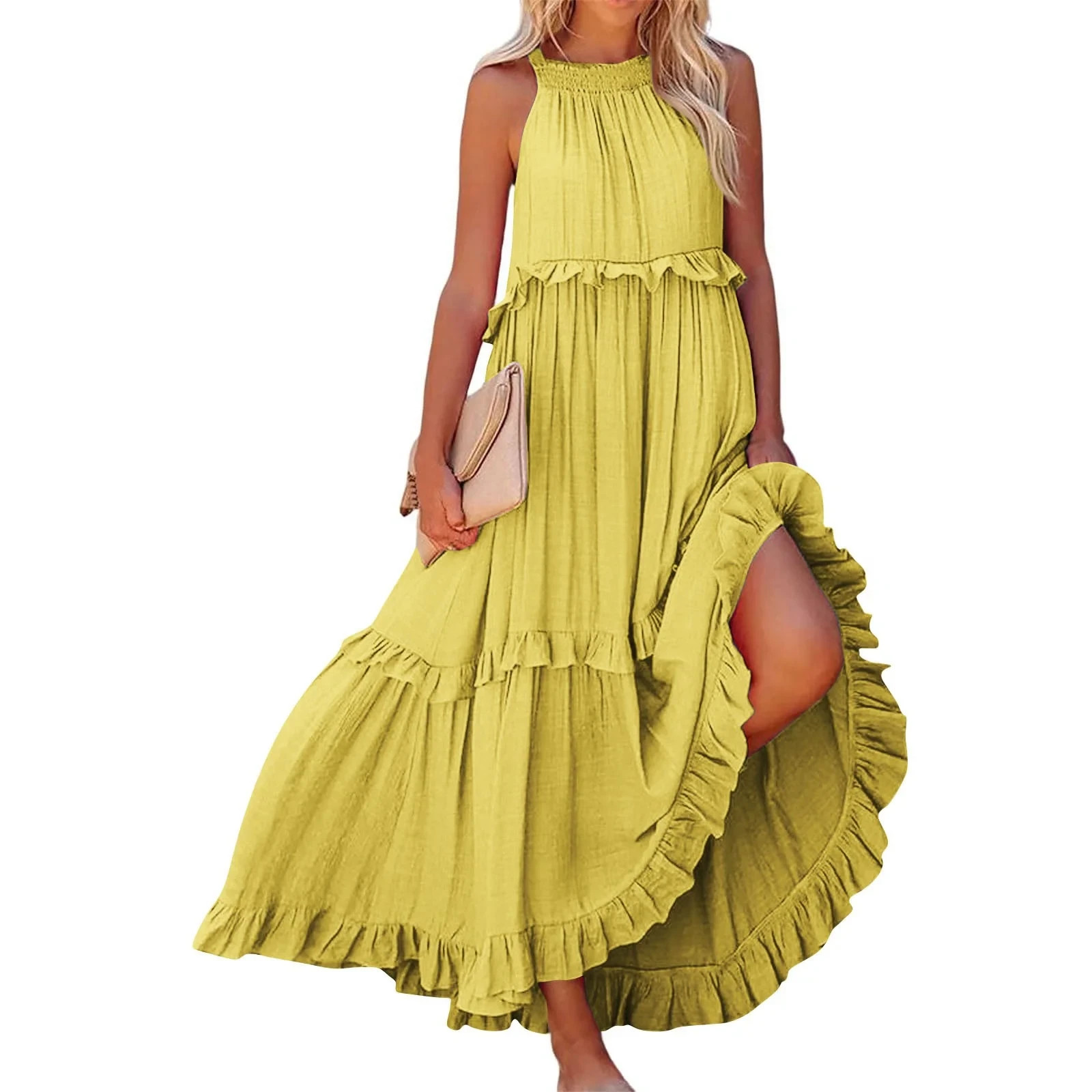 Boho Tiered Ruffle Maxi Dress Yellow Halter Tie-Back Flowy Beach Resort Sz S / M