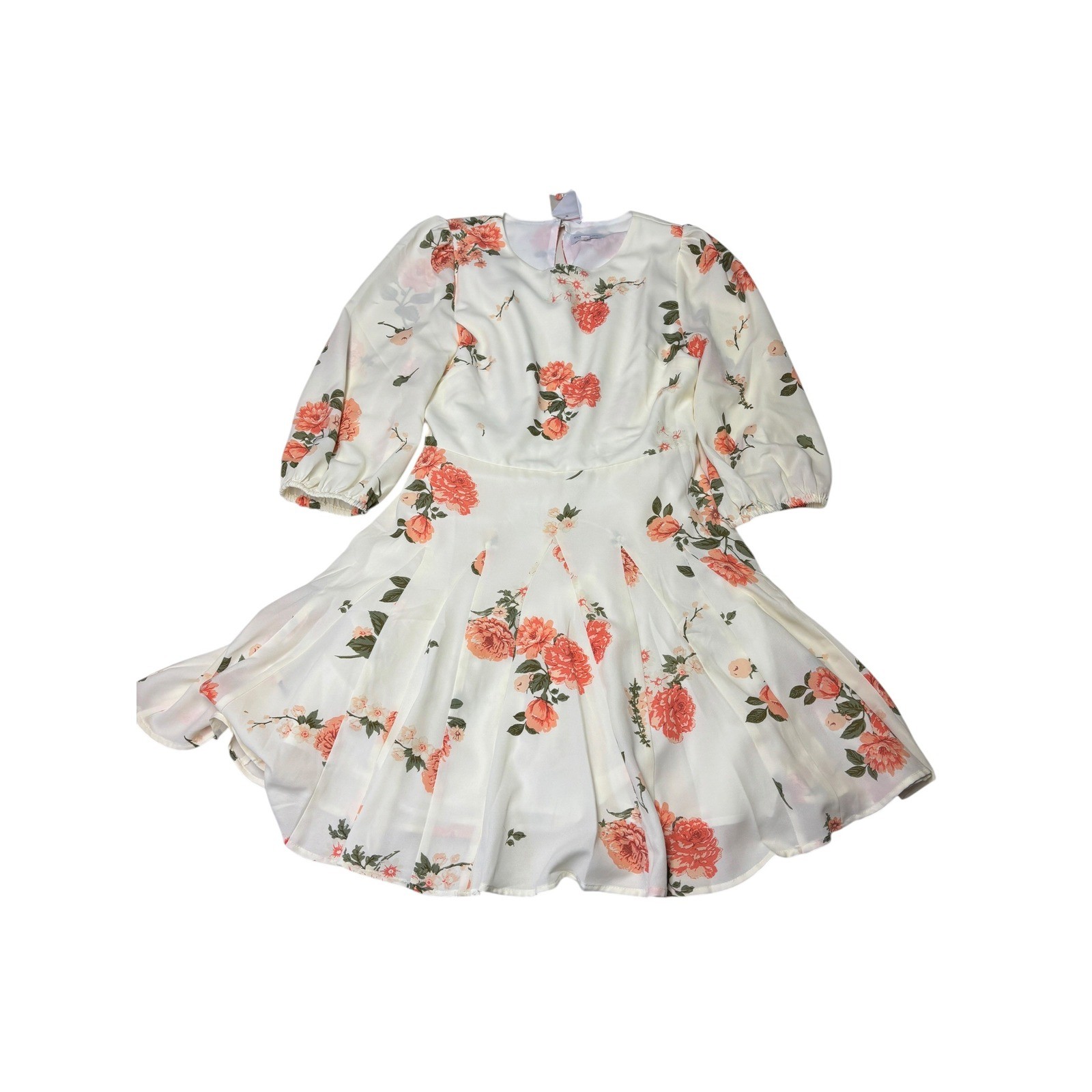 NWT Sugarlips Floral Fit and Flare Dress Cream Orange Rose Puff Sleeve M