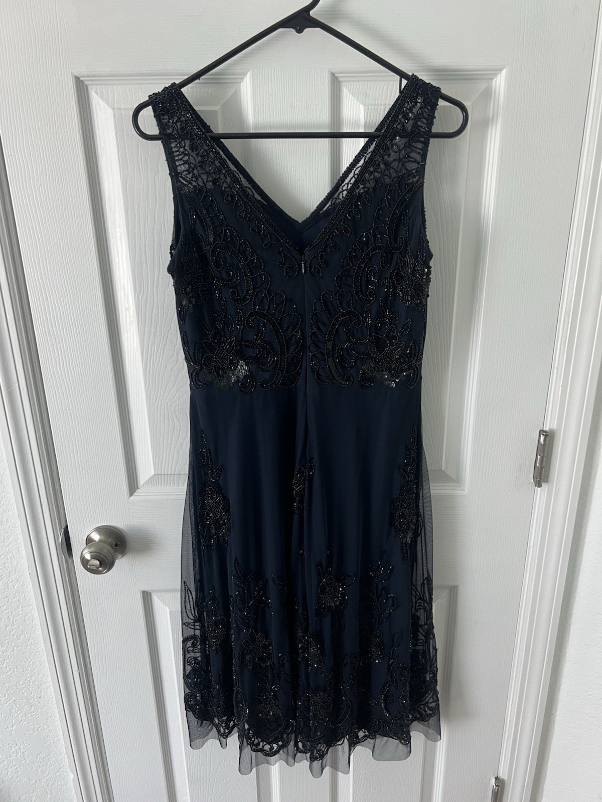 Adrianna Papell Beaded Sequin Cocktail Dress Ankle Length Size 8 Navy Mesh