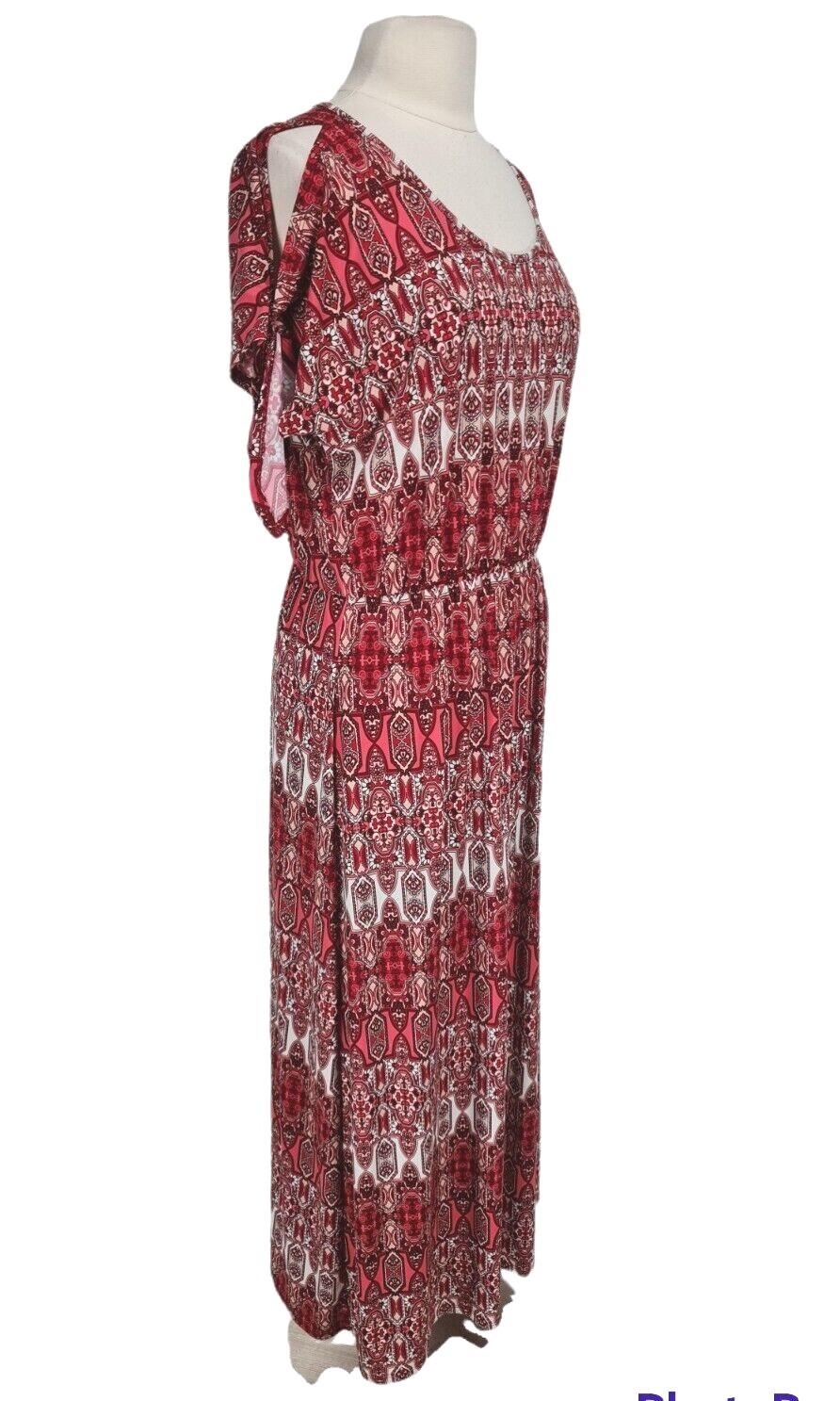 Elie McCarthy Womens Maxi Size XL Crew Neck Short Slit Sleeve Floral Red Stretch