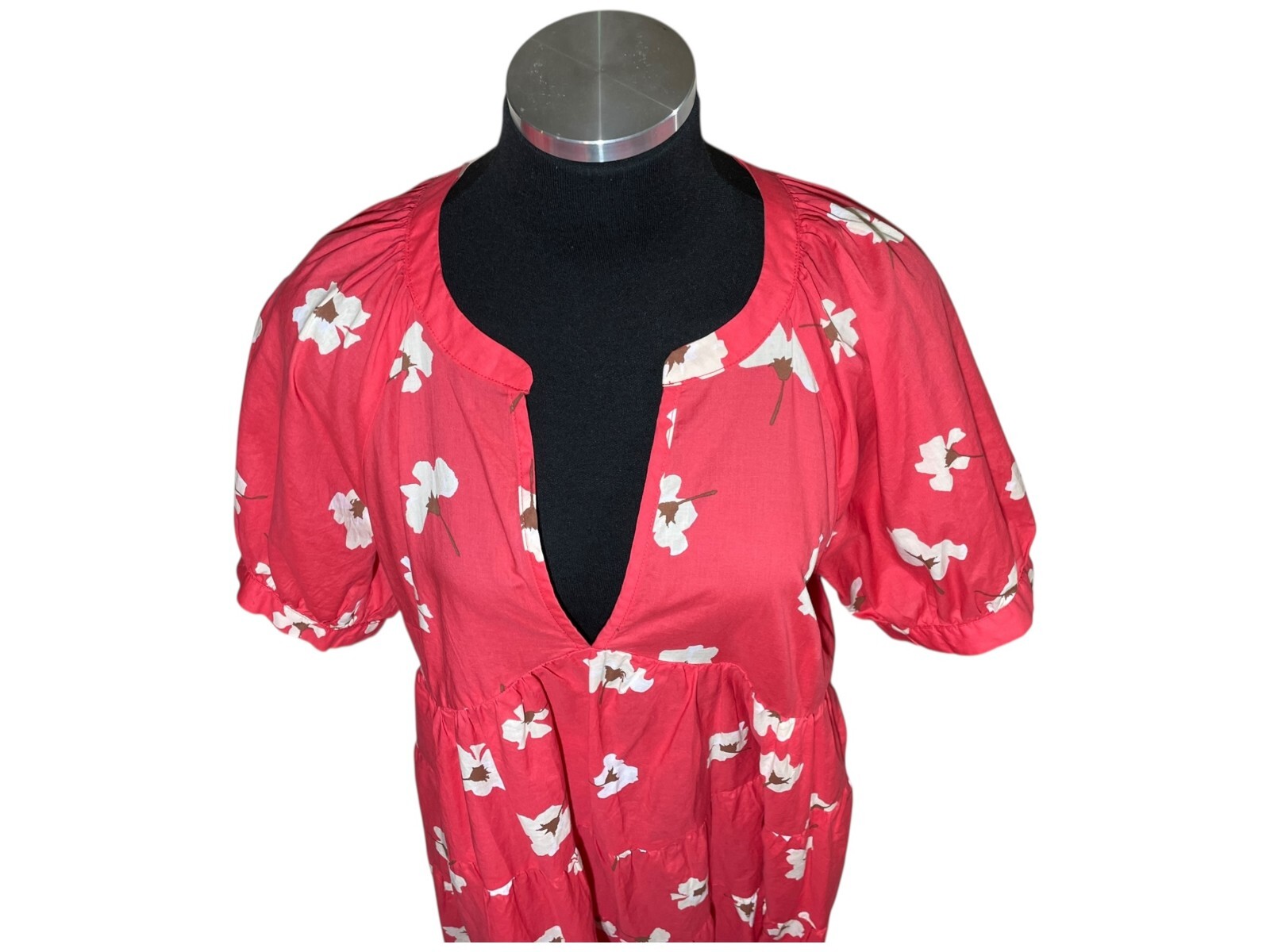 Universal Thread Puff Sleeve Floral Tiered Babydoll Dress Sz L Coral Beach Boho