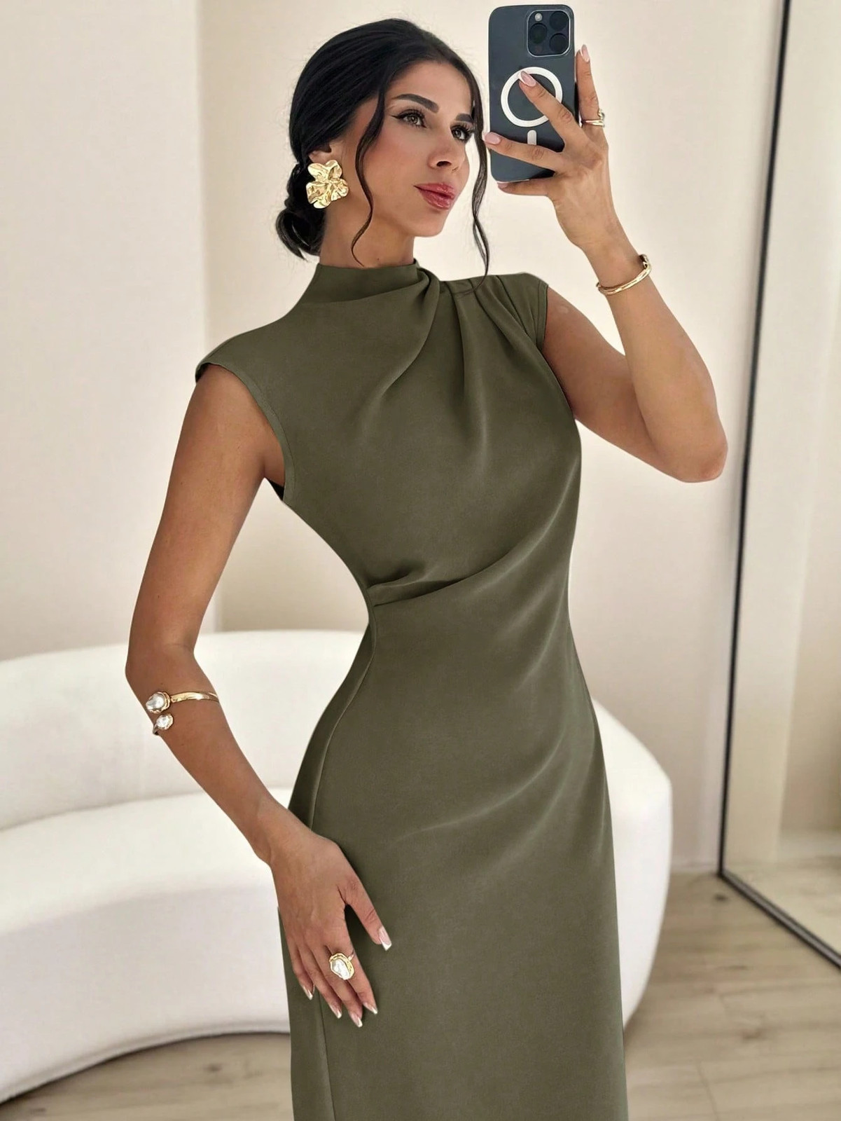 Elegant Ladies Long Dress with Stand Collar in Army Green