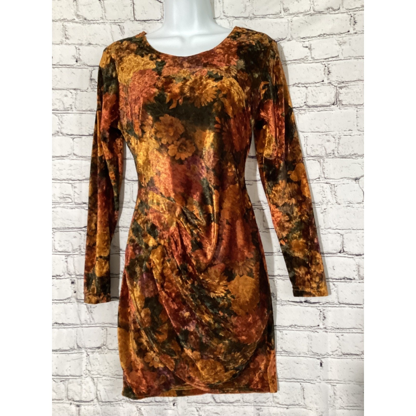 YES Clothing Co Vintage Floral Crushed Velvet Mini Dress Orange Gold Small USA