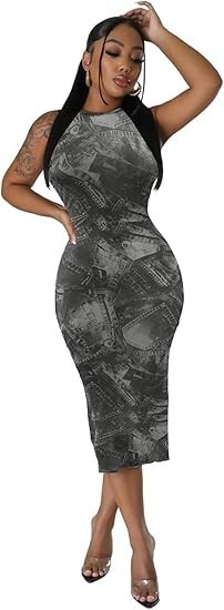NWT Sheer Mesh Print Bodycon Stretch Sleeveless Dress Large ~ Club Beach