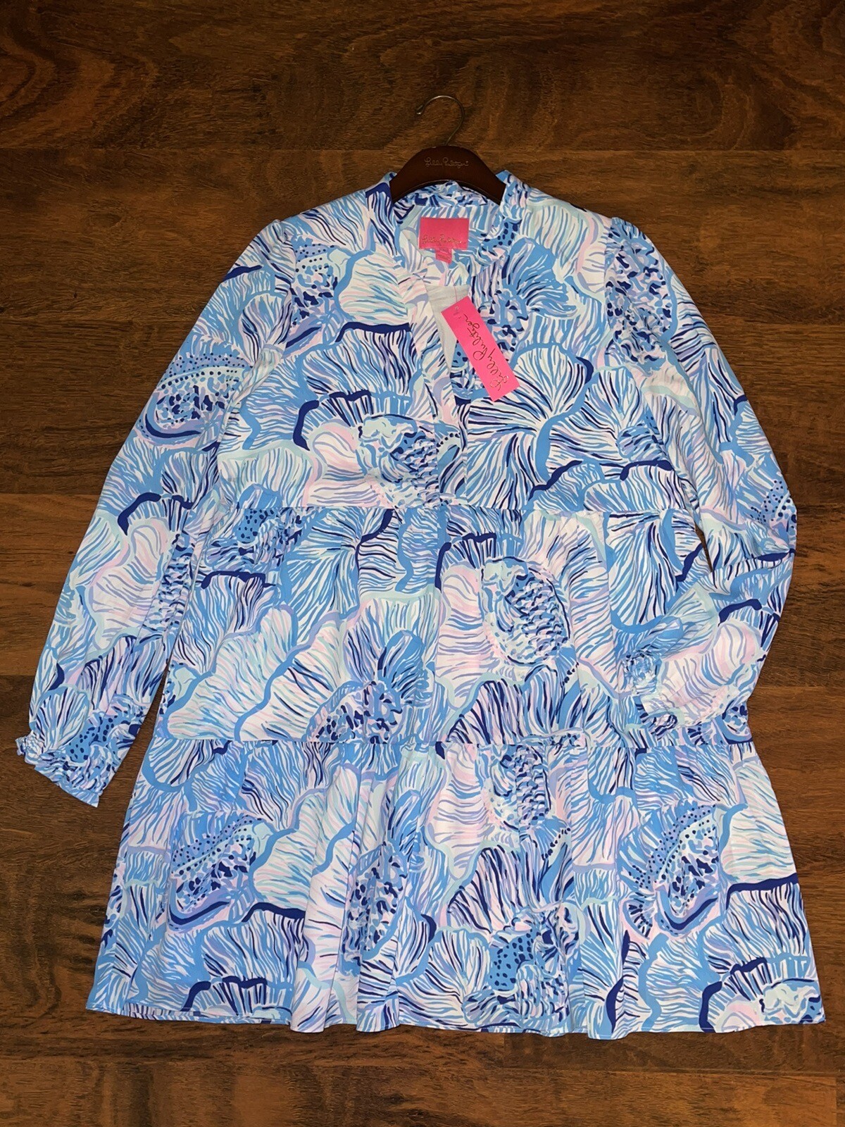 Lilly Pulitzer LARGE Blue Fishful Thinking WINONA SWING DRESS Lileeze Tiered NWT
