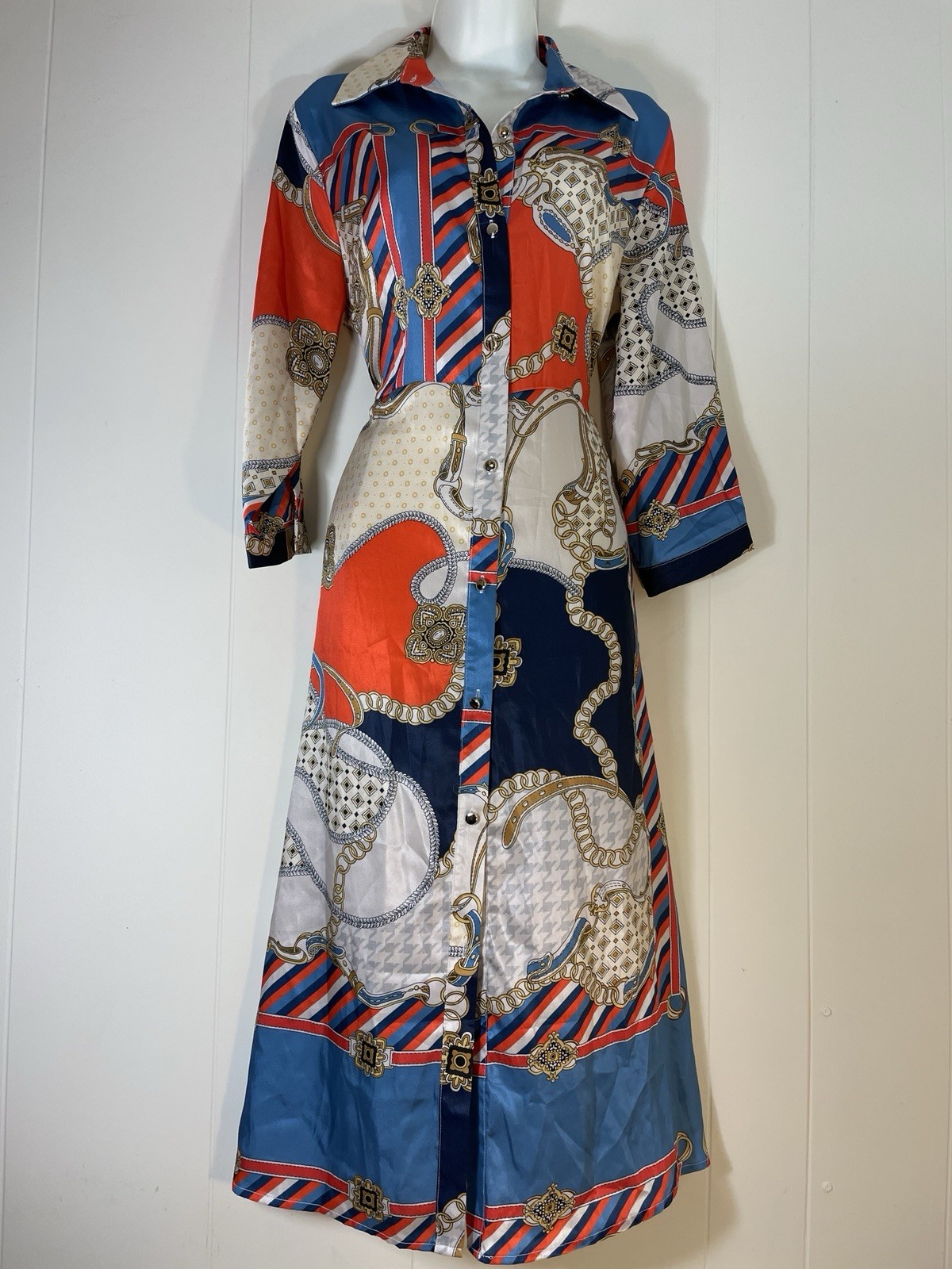 Sam Link 3/4 Sleeve Button Maxi Dress M satin gold chains pockets blue Summer