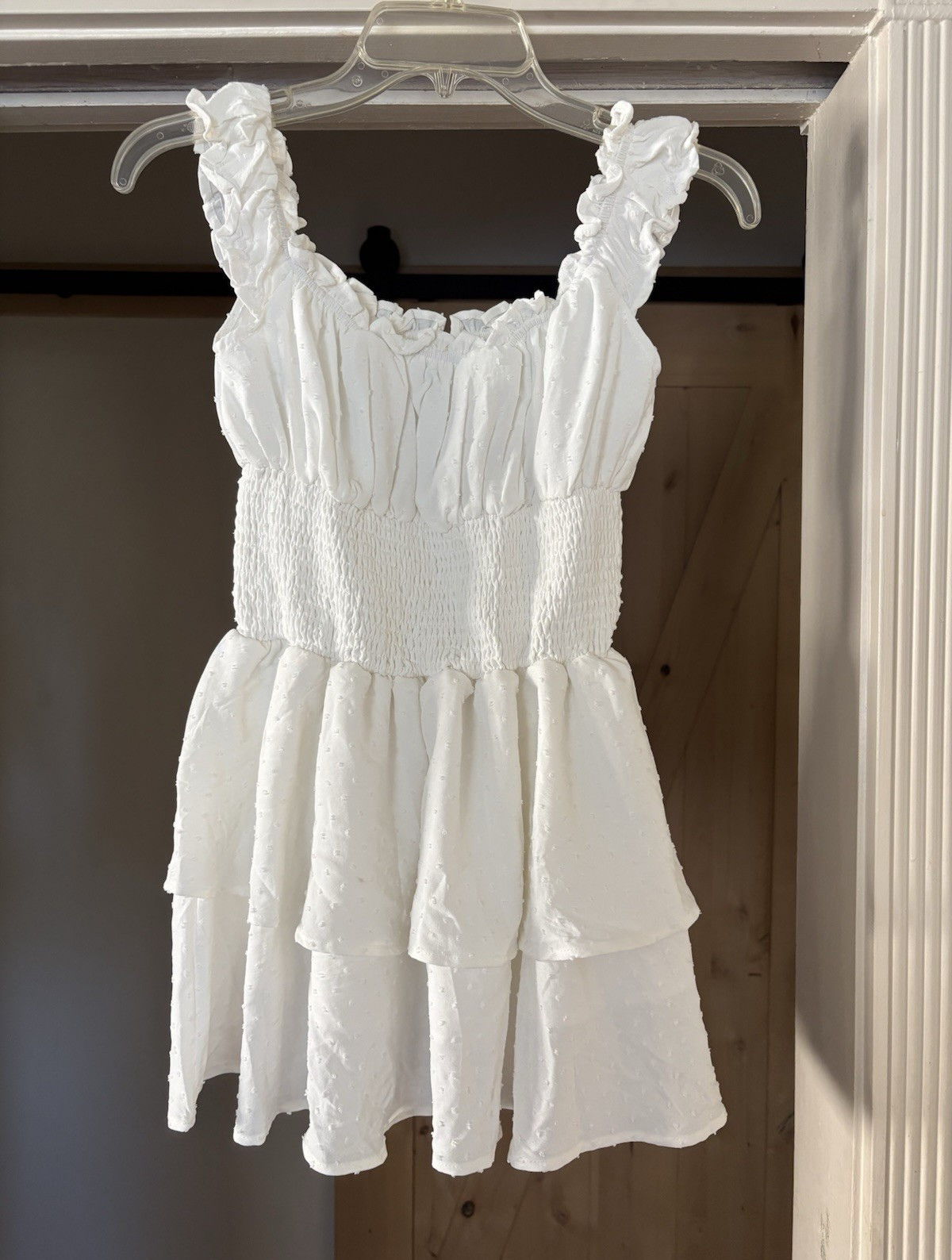 White Smocked Sweetheart Ruffle Strap Tiered Sundress Cotton Size S