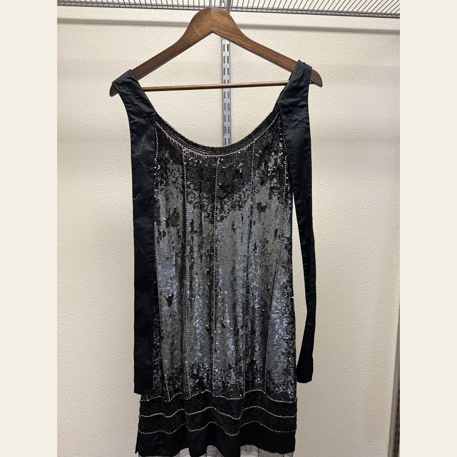 Black Silver Sequin Drop-Waist Flapper Mini Dress 1920s Art Deco Style Women’s S