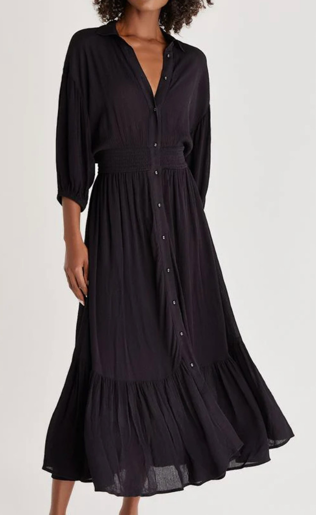 Z SUPPLY Dress L Tanya Maxi 3/4 Sleeve Pleated Smocked Button Front Black NEW