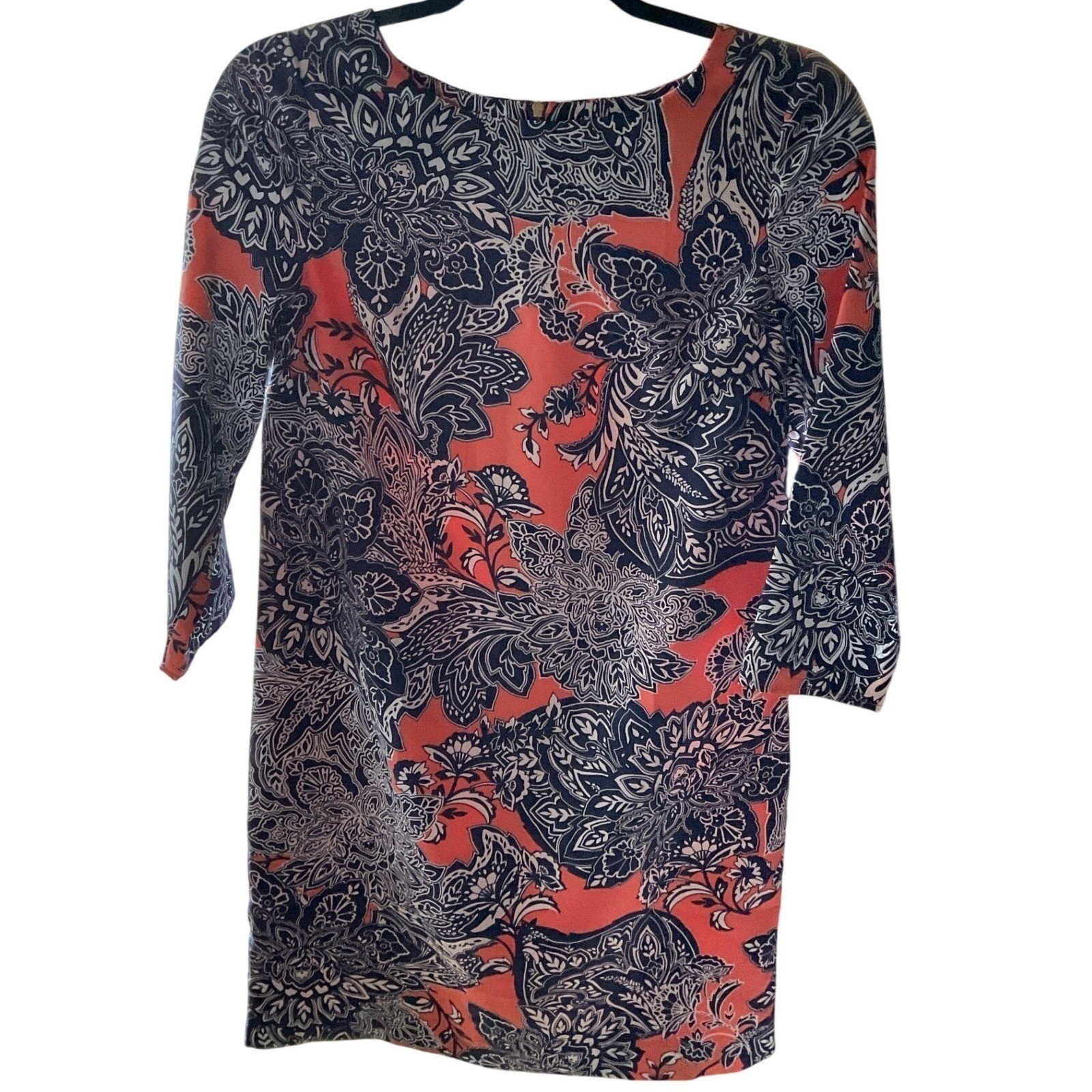 The Limited Womens Paisley Floral Shift Dress 3/4 Sleeve Coral Navy Blue XS
