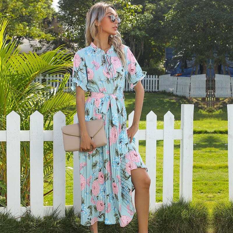 Ruffle Neck Pleated Dress