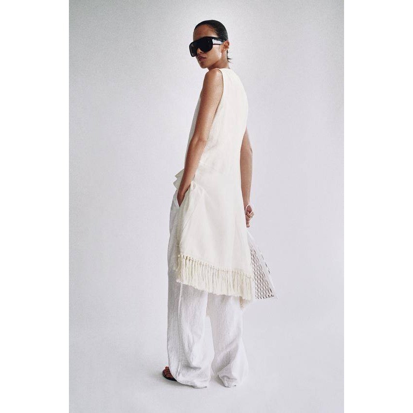NWT Zara ZW Collection White 100% Linen Fringe Midi Dress Asymmetrical | Size XS