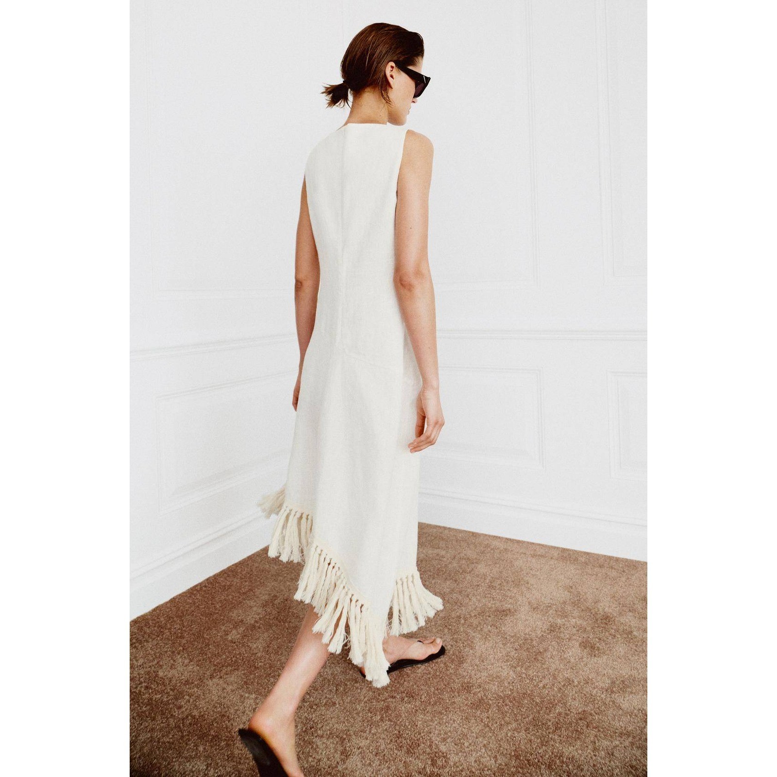 NWT Zara ZW Collection White 100% Linen Fringe Midi Dress Asymmetrical | Size XS