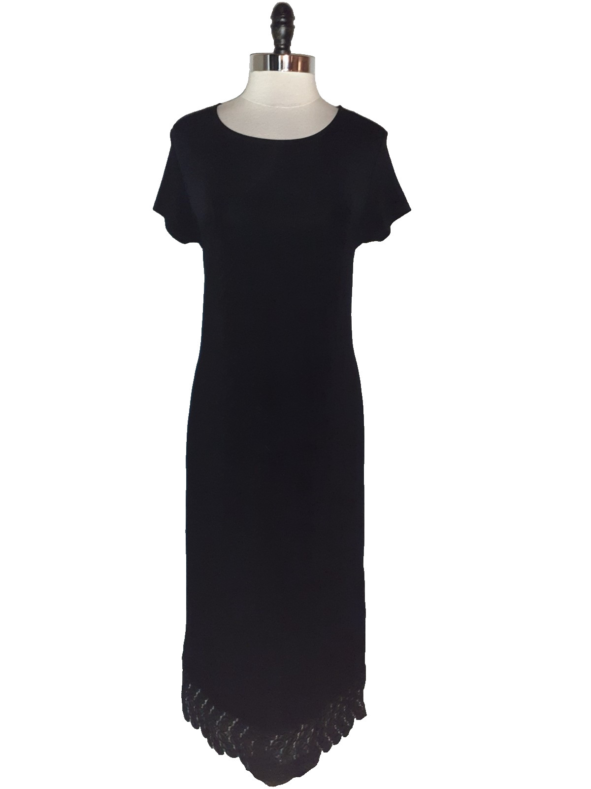 CHICO’S Sz 2 12 14 L Dress Black Short Sleeve Lace Hem Midi Stretch Slinky Knit