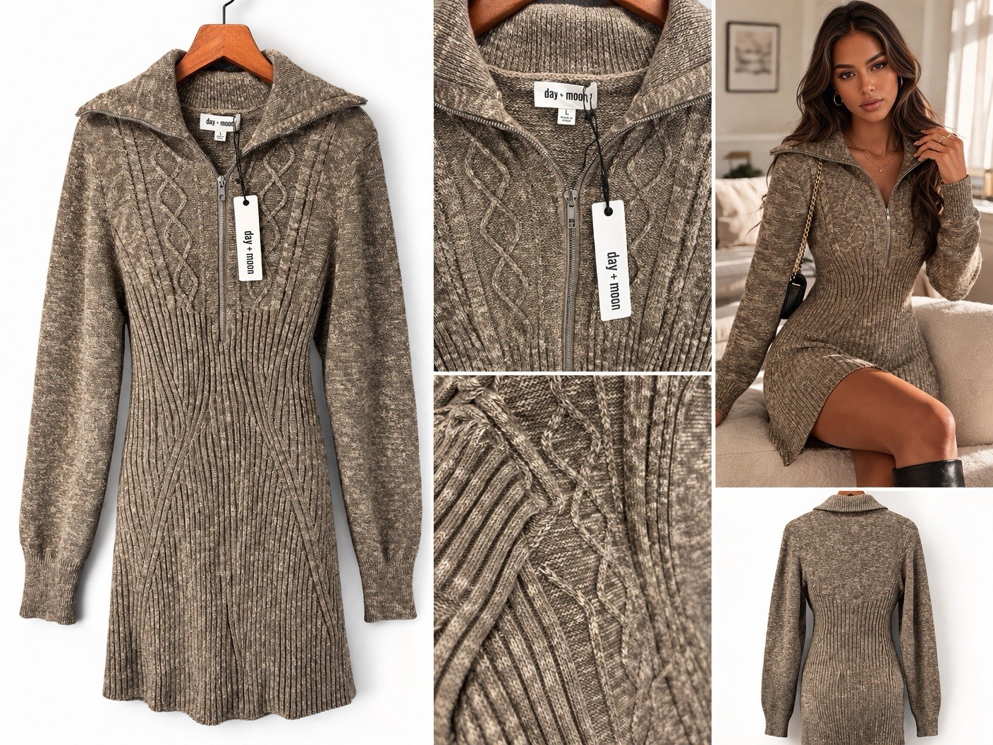 NWT Day Moon Knit Sweater Dress L Brown Zip Cable Knit Bodycon Cozy Soft Neutral