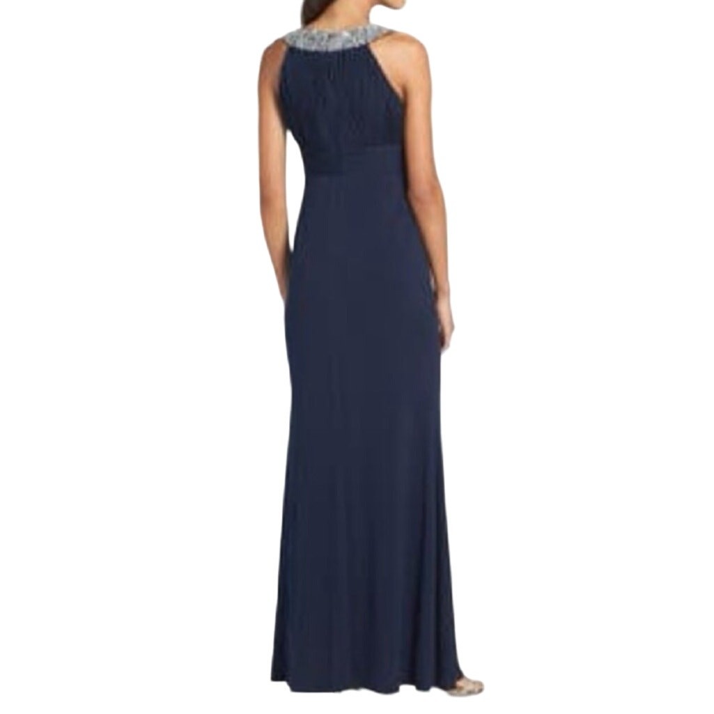 JS Boutique Halter Gown Maxi Dress Beaded Collar Keyhole Mermaid Hem Navy Blue 6