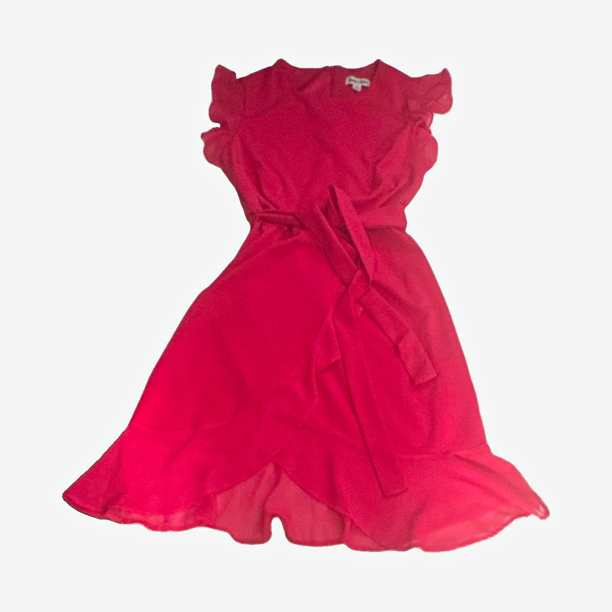 Porridge Pink Solid Wrap Dress V-Neck Flutter Sleeve Tie Waist Knee Length M
