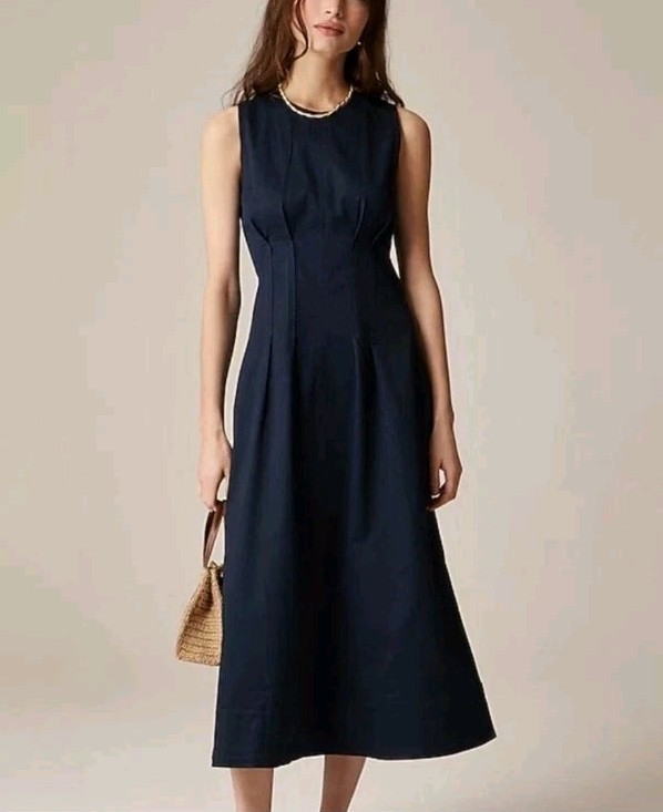 NWT J. Crew 2 Pintuck Midi Dress In Stretch Twill Navy Blue Sleeveless CD361