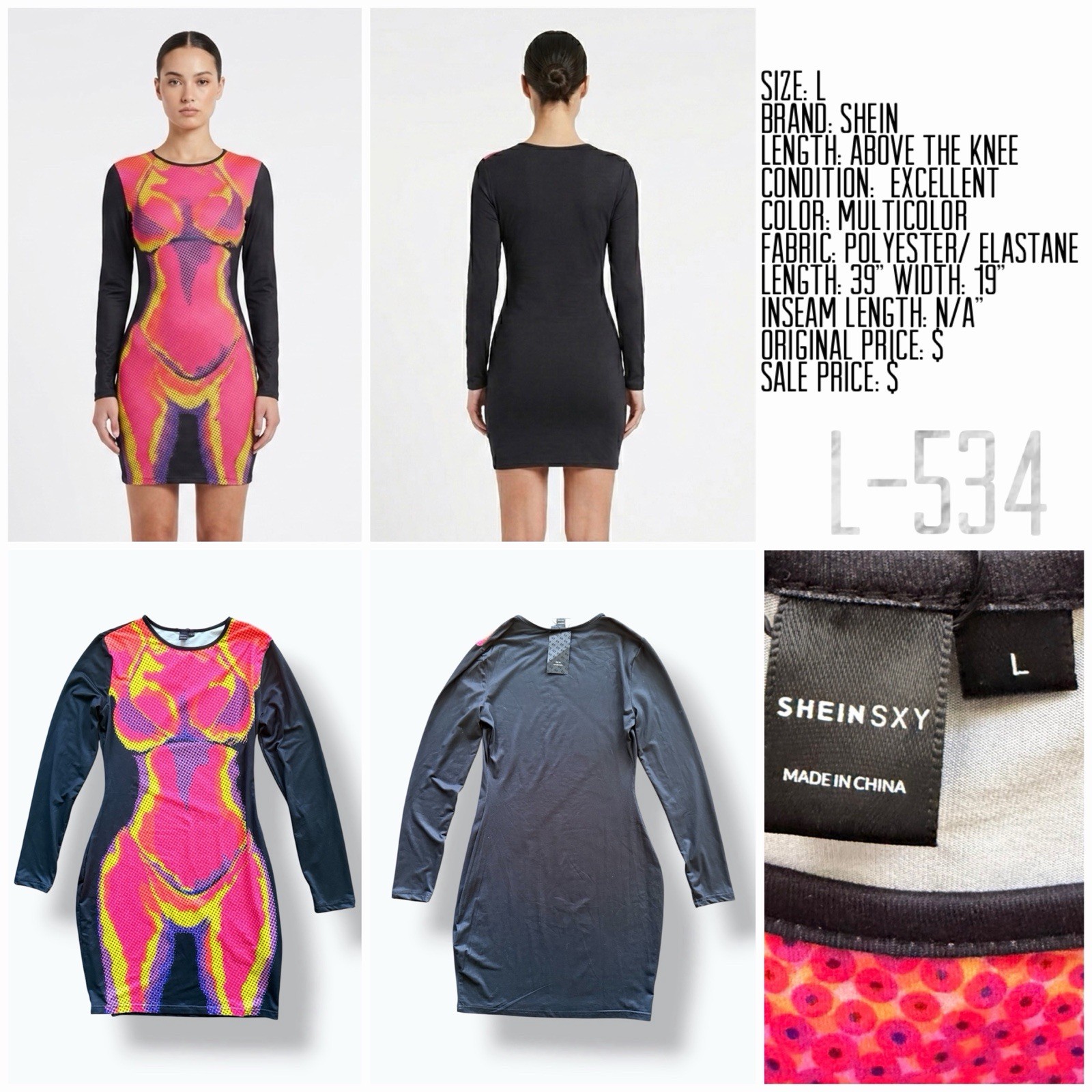 SHEIN Neon Pink & Yellow Long Sleeve Bodycon Dress with Black Sleeves – L
