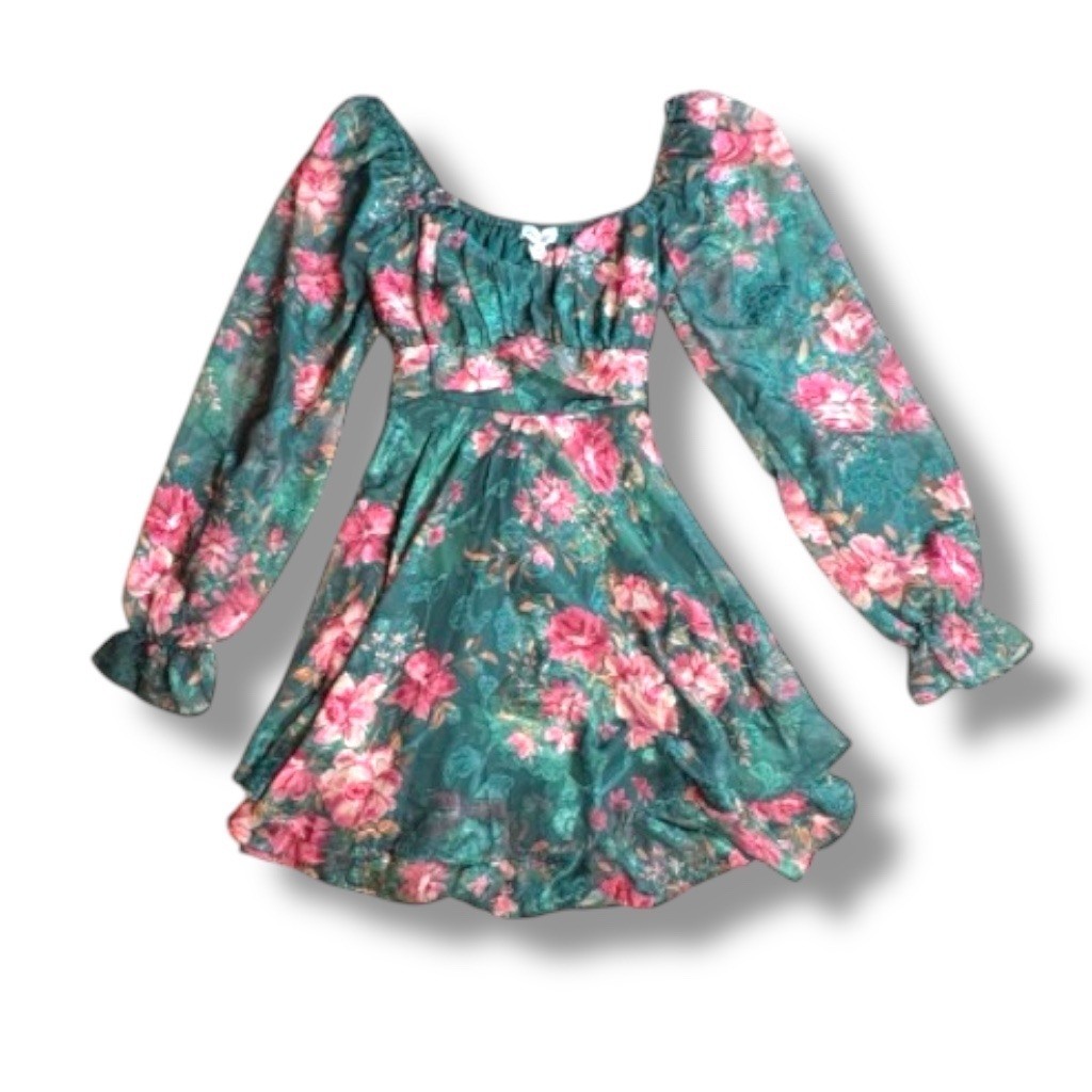 Allison & Kelly Floral Print Sweetheart Neck Long Sleeve Corset Bodice Dress XS