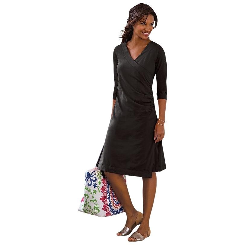 Soft Surroundings Dress L Black Cotton Blend Stretch Surplice Neck 3/4 Sleeve