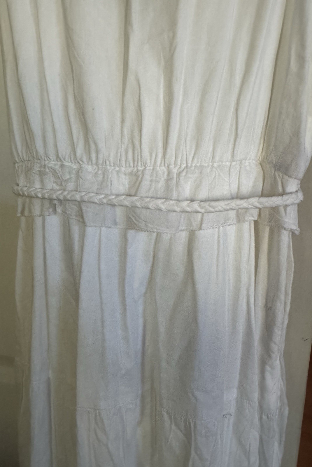 Long, White Linen-like Sun Dress S-6. Neck Ruffles. Sleeveless. Lined. Pockets.