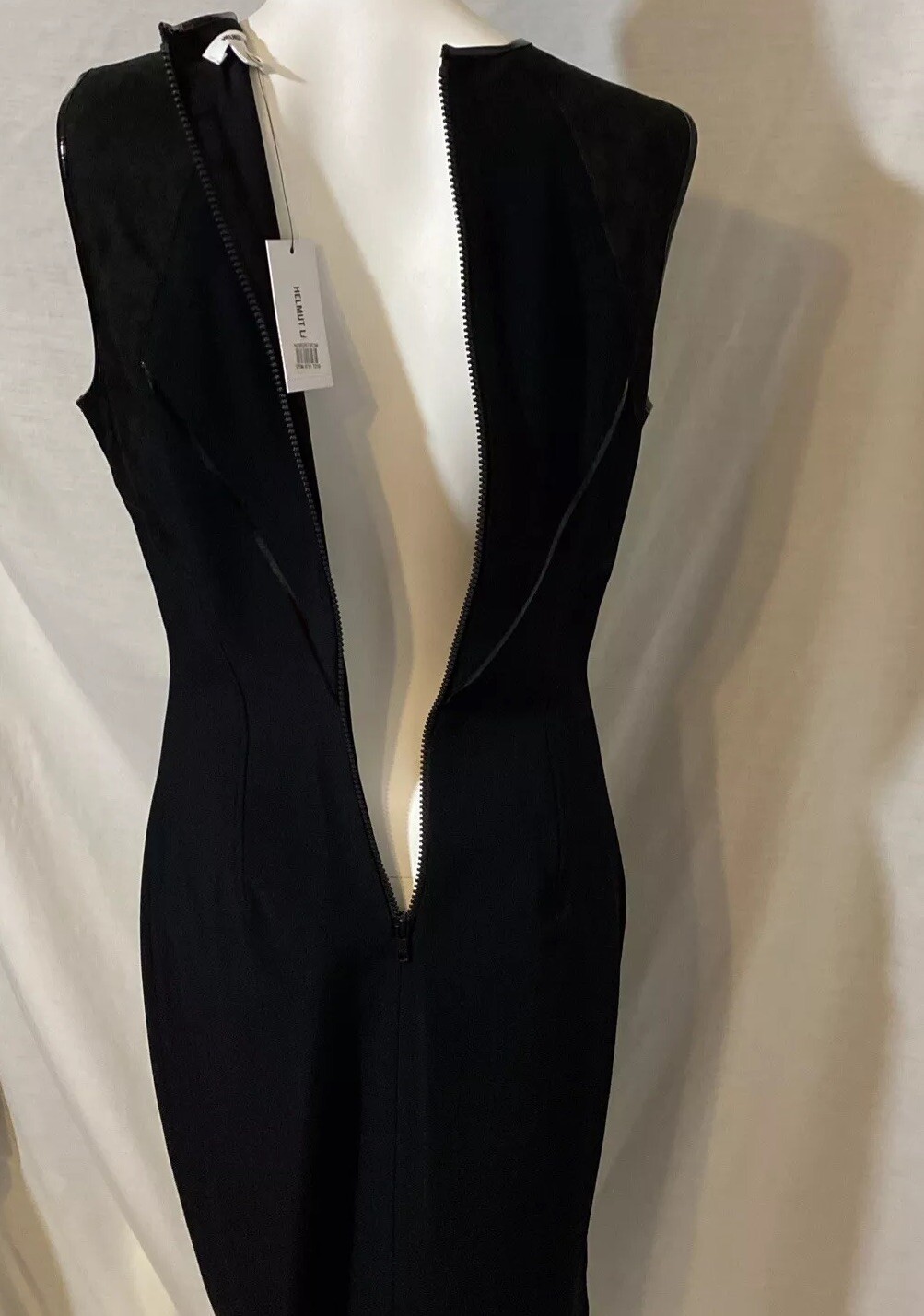 Helmut Lang Black Leather Panel Sleeveless Asymmetric Hem Sheath Dress Size 10