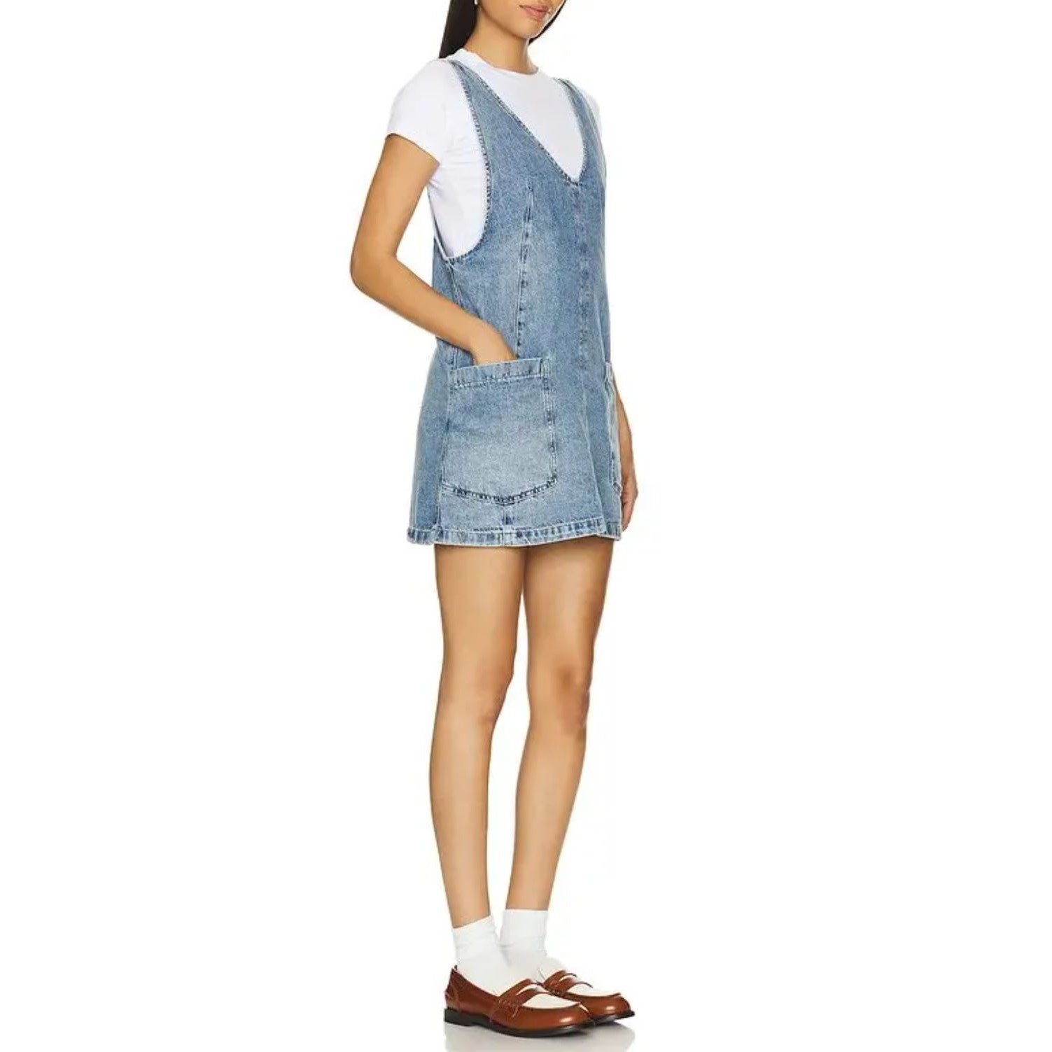 Free People High Roller Skirtall Medium Denim Overall Mini Dress Western Boho