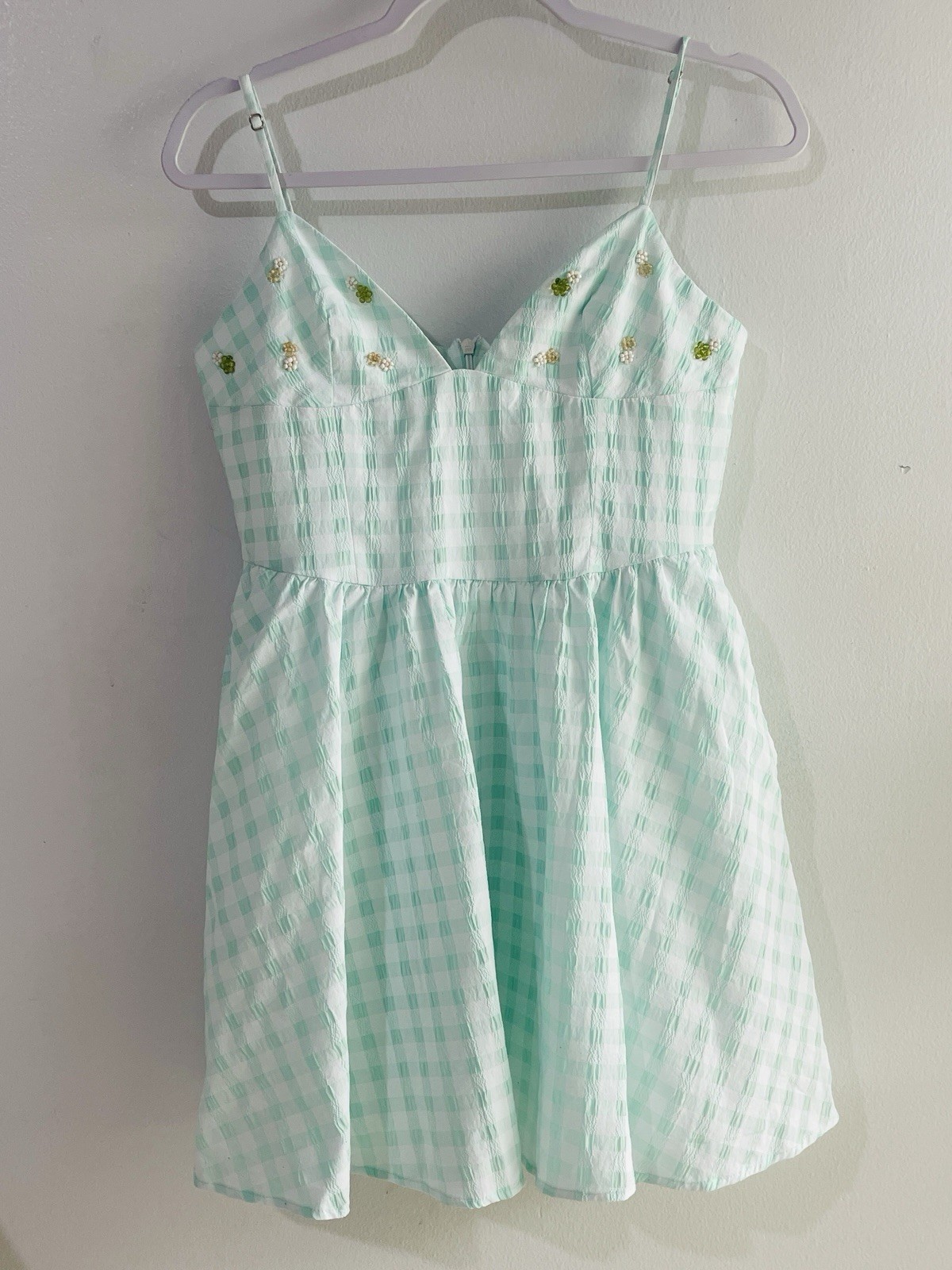 ZARA Mint Green Gingham Beaded Mini Dress M Seersucker Floral Bust Cami Pockets