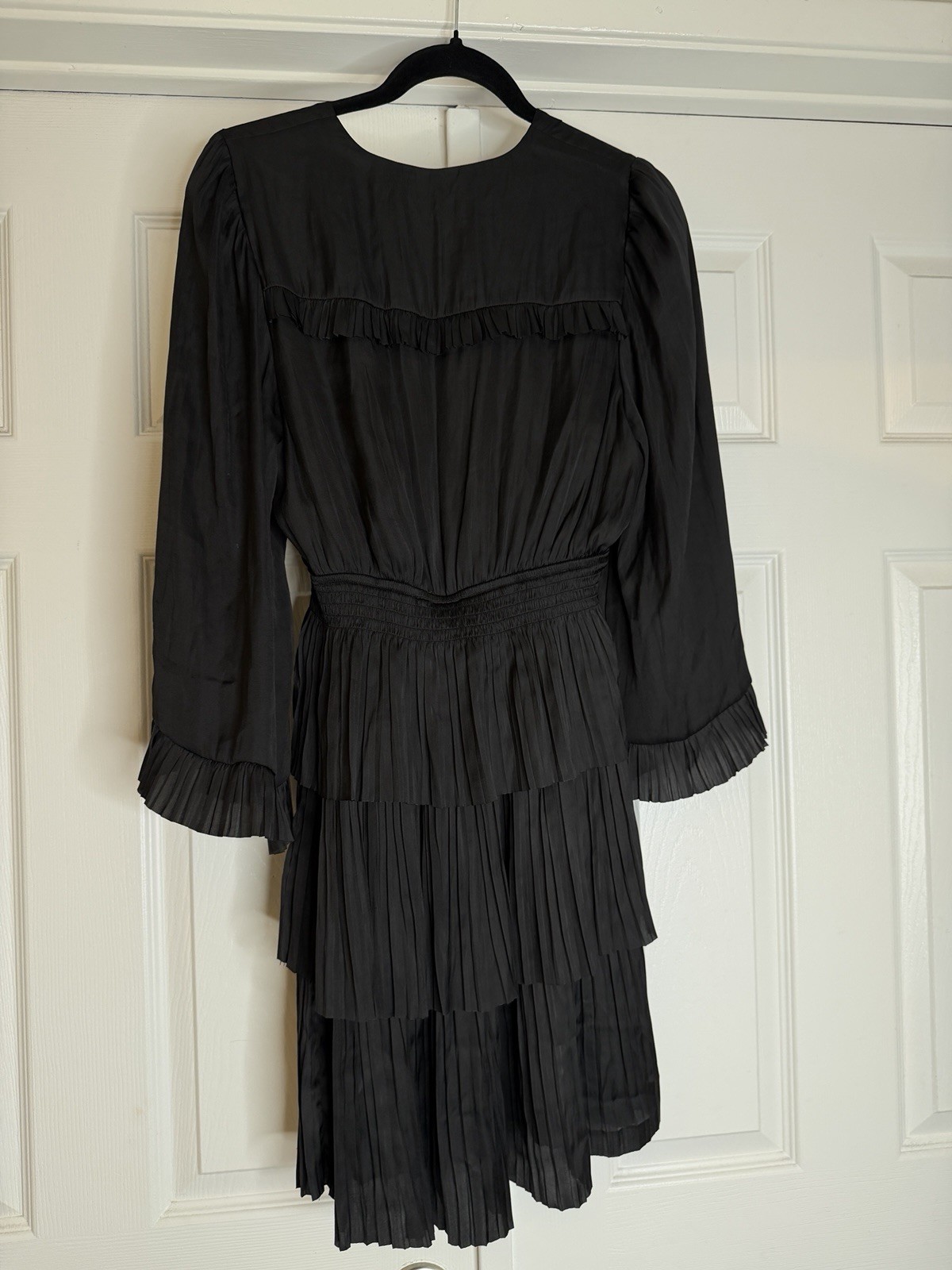 Hale Bob Esmeralda Solid Mini Dress Black M Pleated Ruffle Smocked Waist Boho