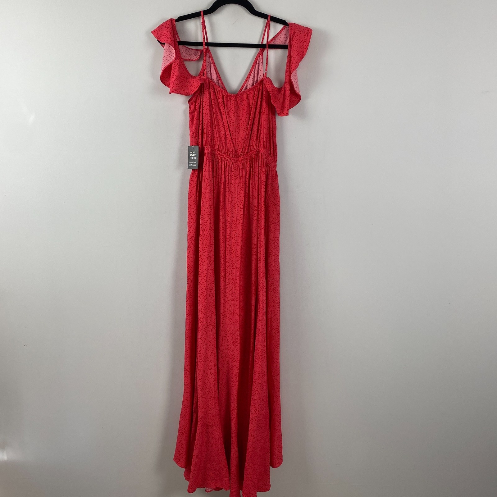 Express Ruffle Maxi Dress Size Medium Hi Low Hem Red Black Polka Dot