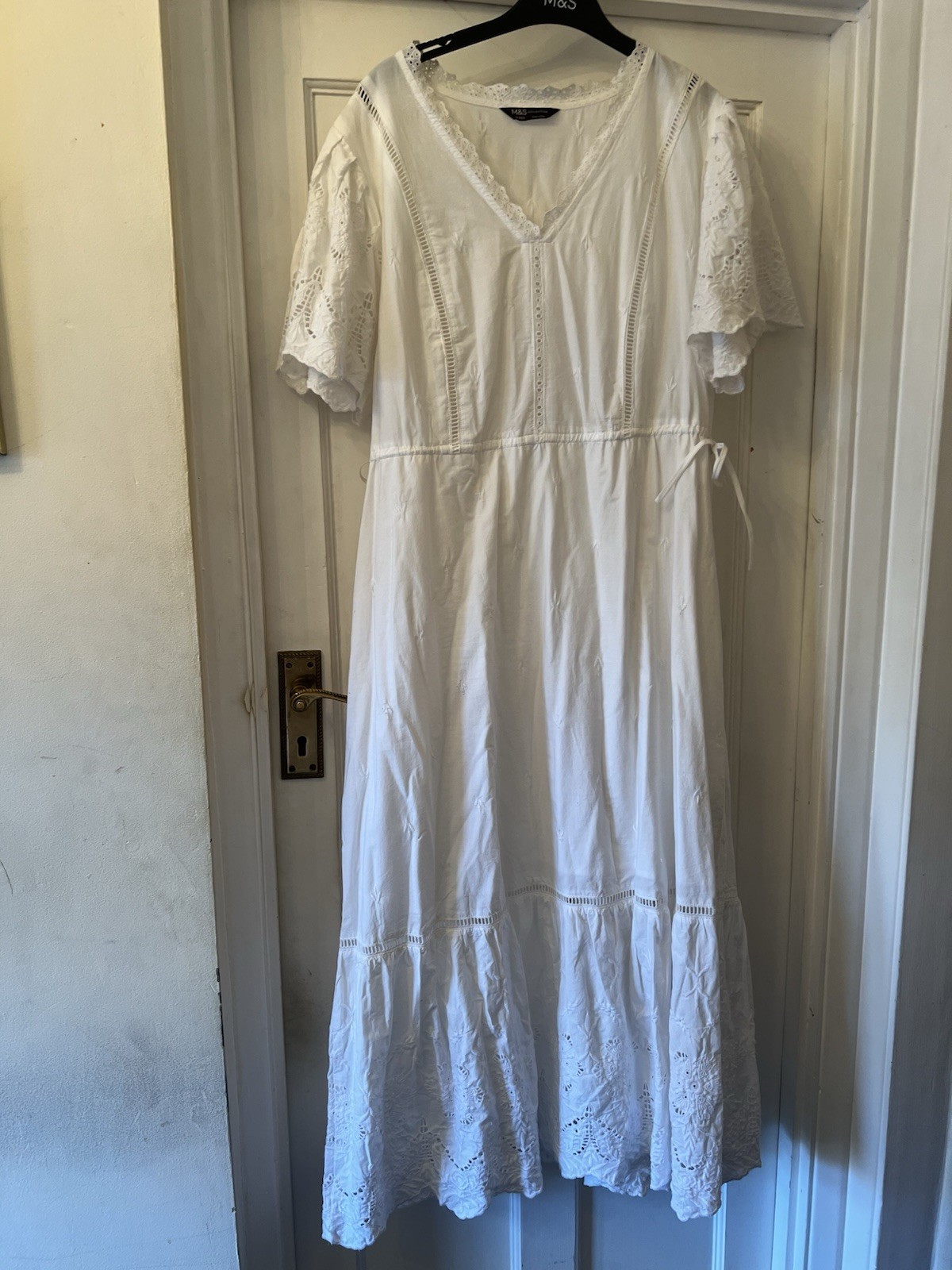 M&S White Broderie Anglaise Cotton Short Sleeve Summer Midi Dress,UK 14 Reg