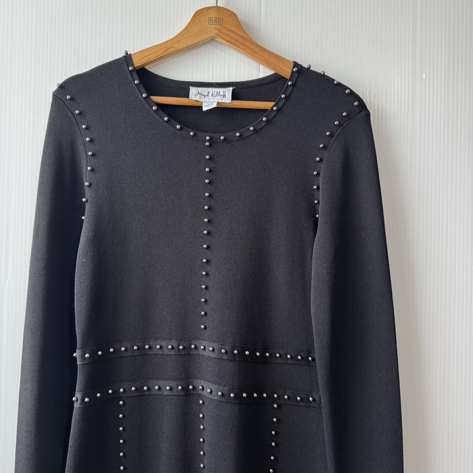 Josef Ribkoff Black Studded Midi Dress Long Sleeve Elegant Sheath Sz M Women’s