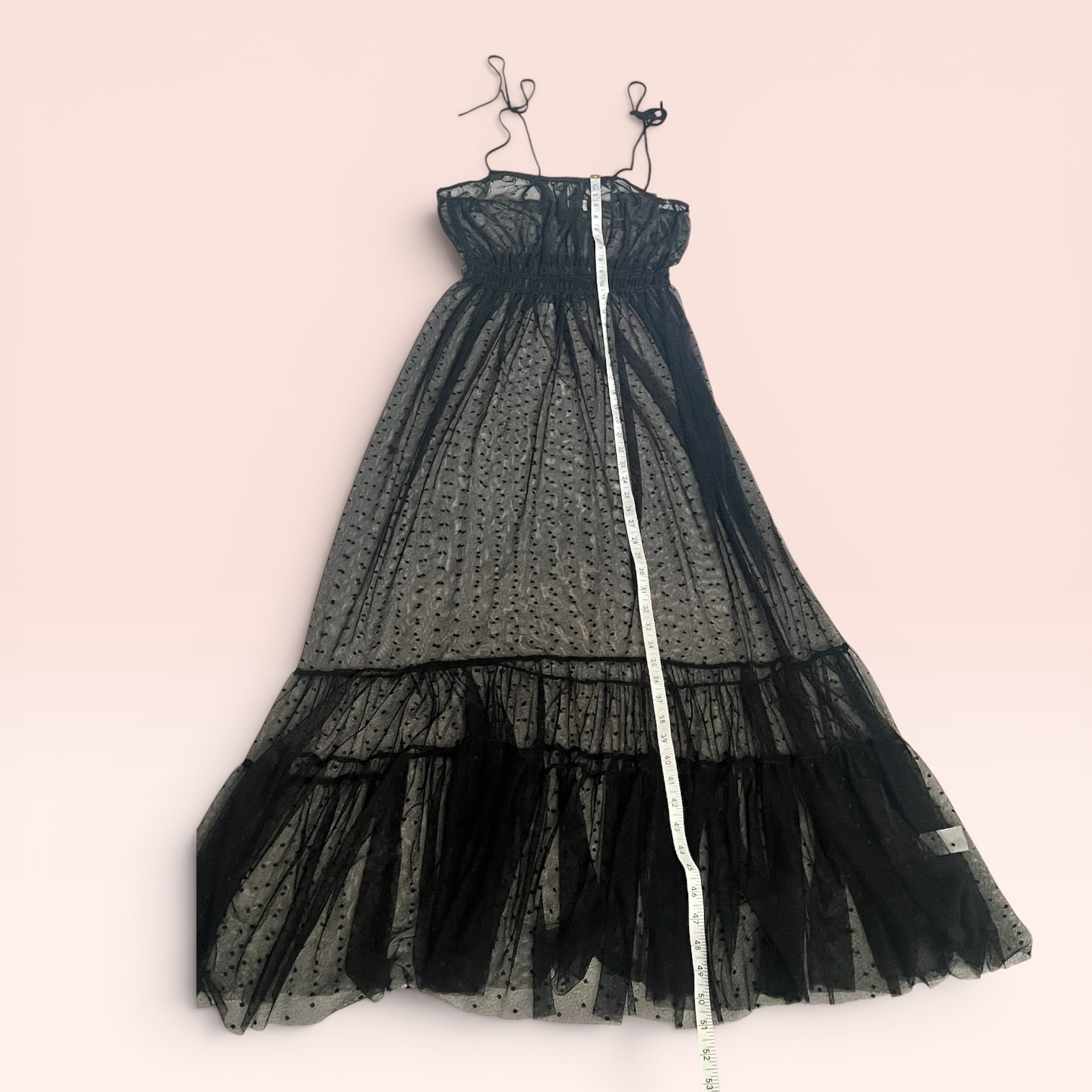 NWT LELIS Sheer Polka Dot Mesh Maxi Dress Black Gothic Tulle Tiered Ruffle USA M