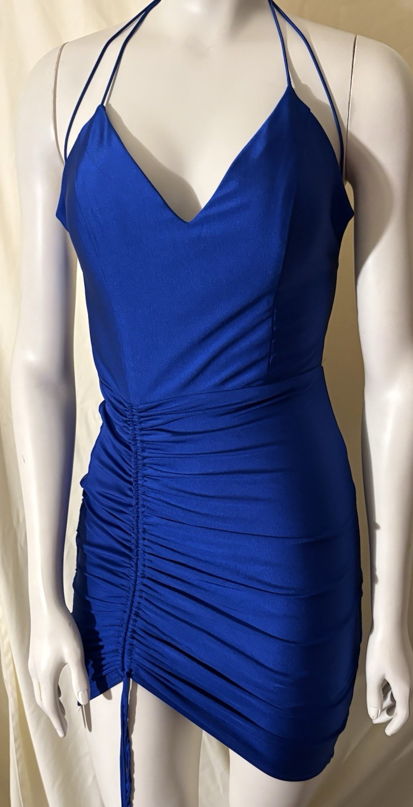 B-Darlin Blue Ruched Strappy Open Back V-Neck Bodycon Mini Dress S