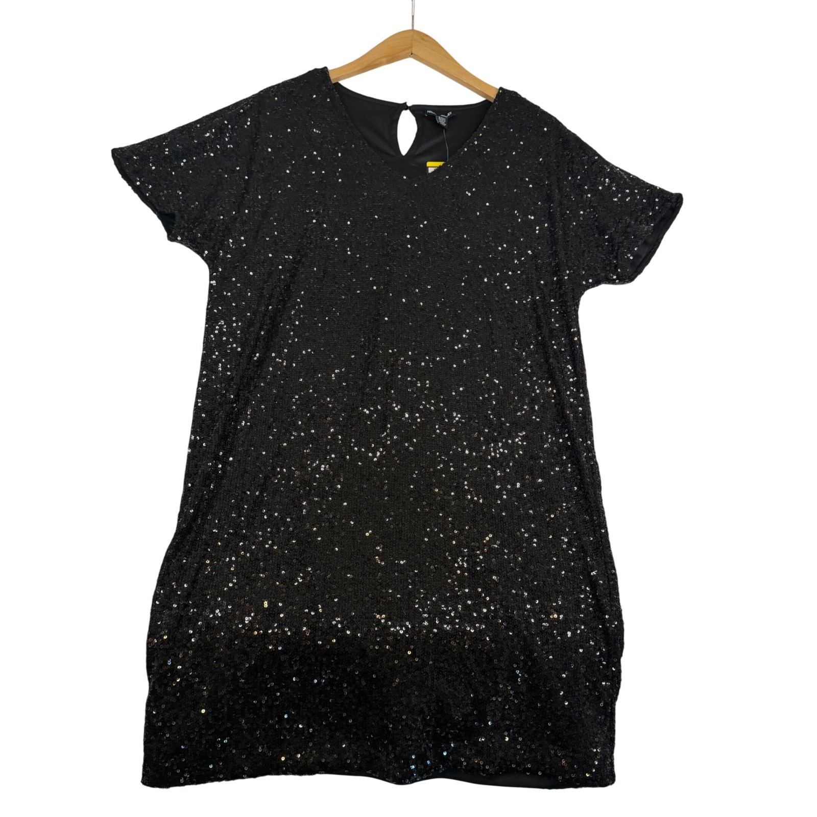 Hilary Radley Black Sequin Short Sleeve V-Neck Shift Dress CO4478L-48F Small NEW