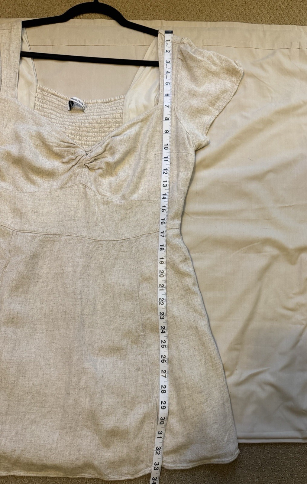 Abercrombie & Fitch Beige Solid Short A-Line Dress L Square Neck Puff Smocked