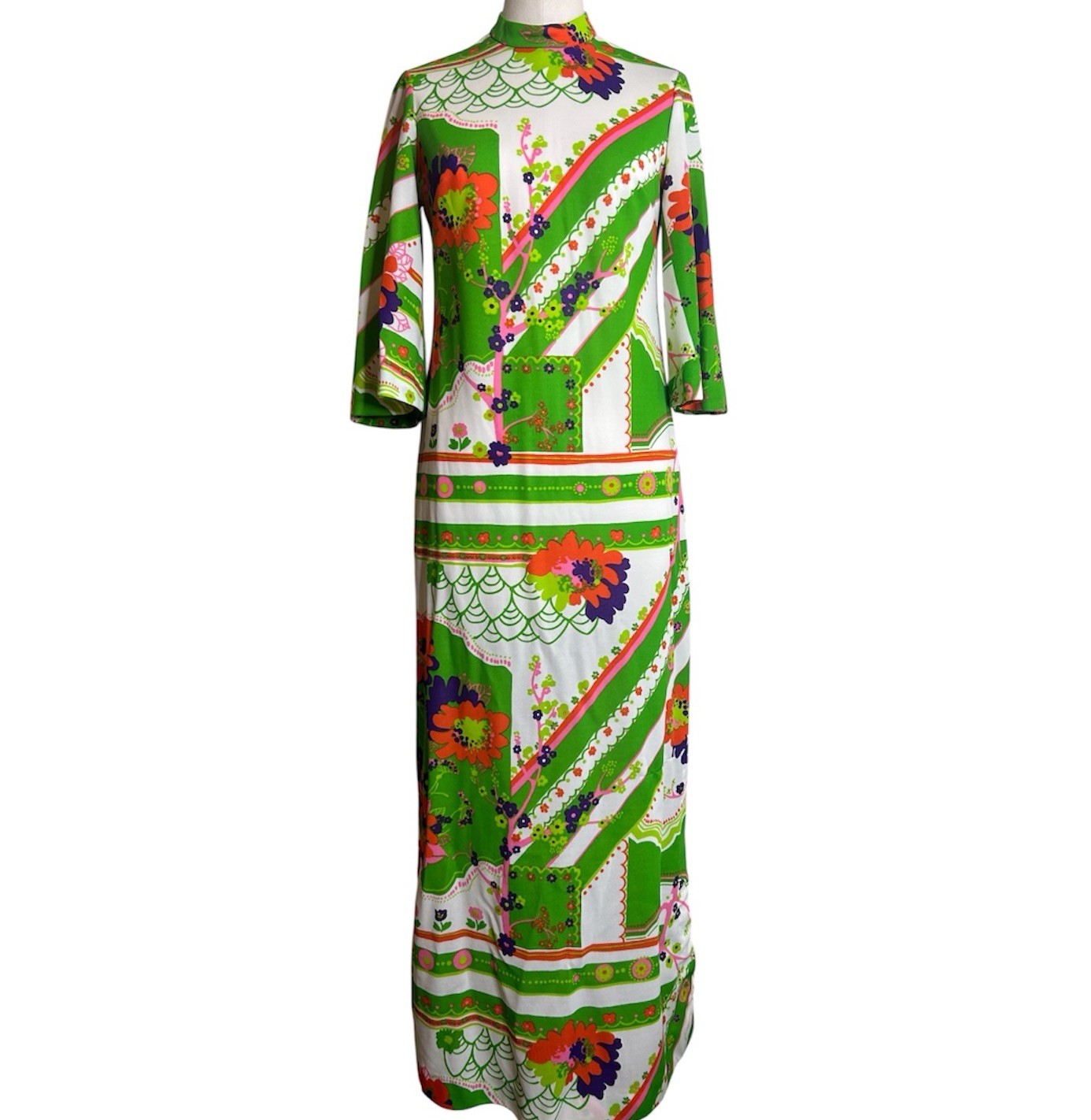 Vintage 70s Kay Windsor Dress Womens Small Pink Green Mod Go Go Maxi Art Deco