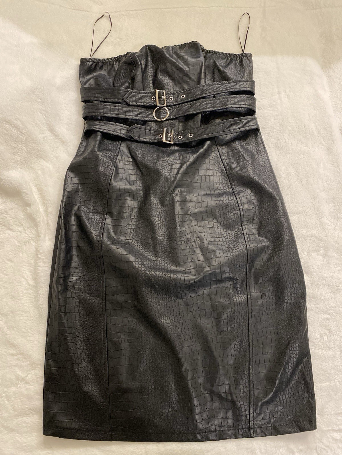 Fashion Nova Women’s Black Croc Faux Leather Bodycon Dress 1X Strapless