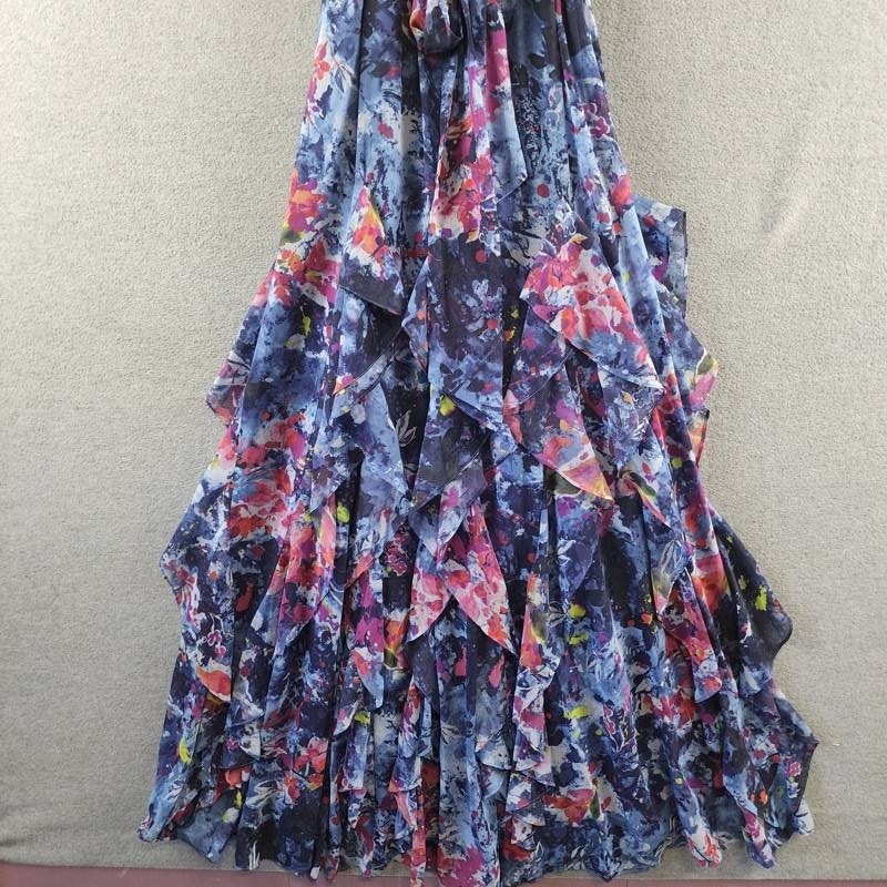 Lauren Ralph Lauren Print Ruffle-Trim Crinkle Georgette Gown Womens 4 Blue Multi