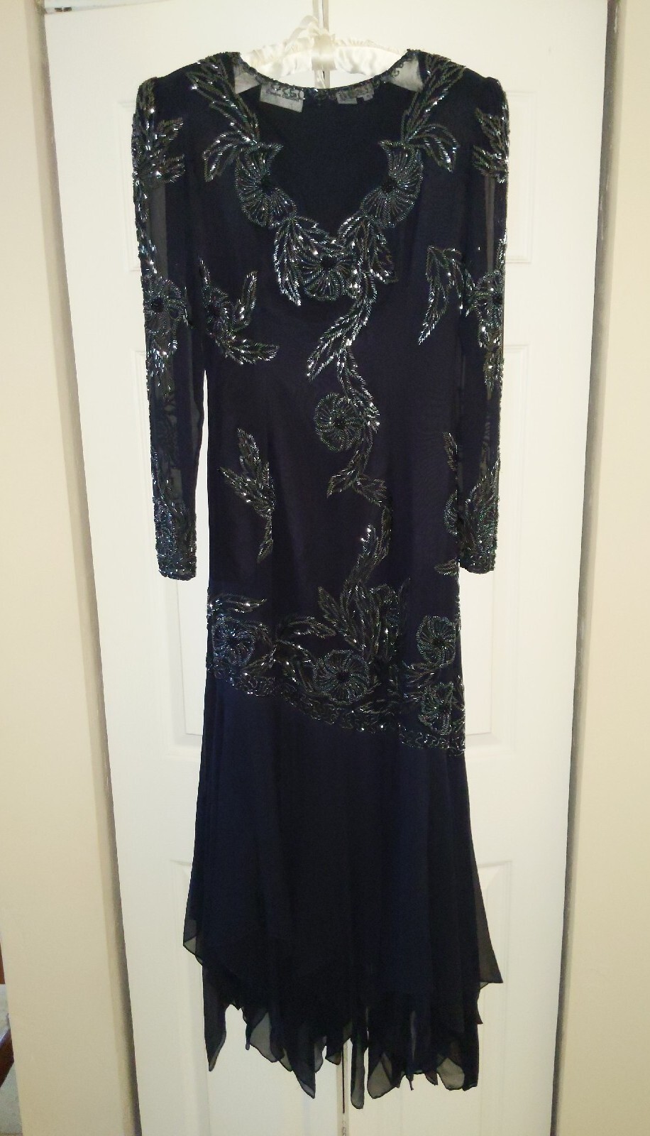 Creative Creations M black 100% silk hand beaded party flapper swing sheer flora