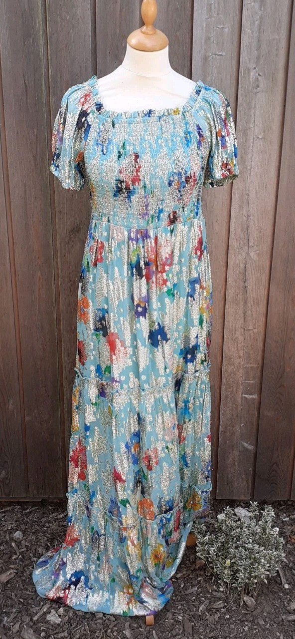 BNWT Monsoon Minah Tiered Maxi Dress Size12 Smocked Bodice Sage Mix Charity Sale