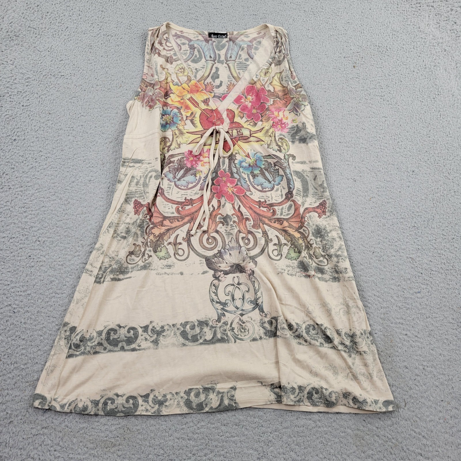 How Cute Dress Womens Large Beige V-Neck Love Heart Graphic USA Y2K