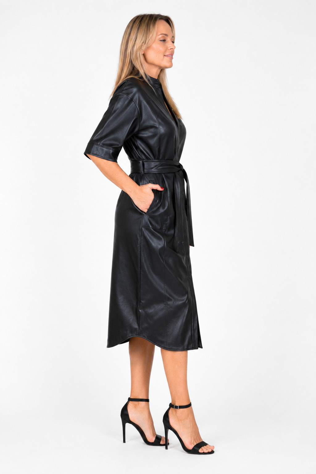 Handmade Genuine Lambskin Leather Shirt Dress for Women Black Belted Midi Dress