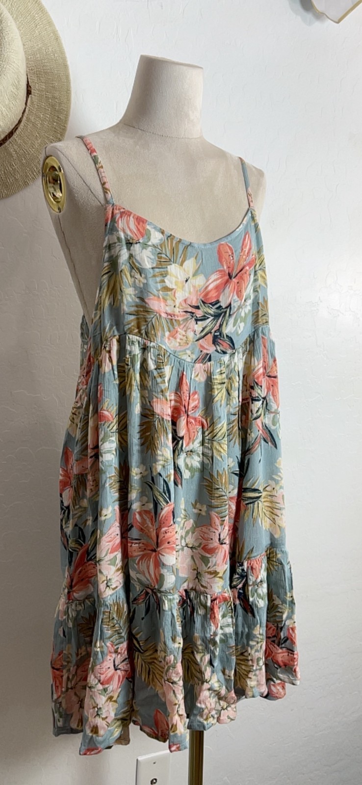 Oneill baby doll tropical floral summer sun dress XL beach resort flowy ruffle
