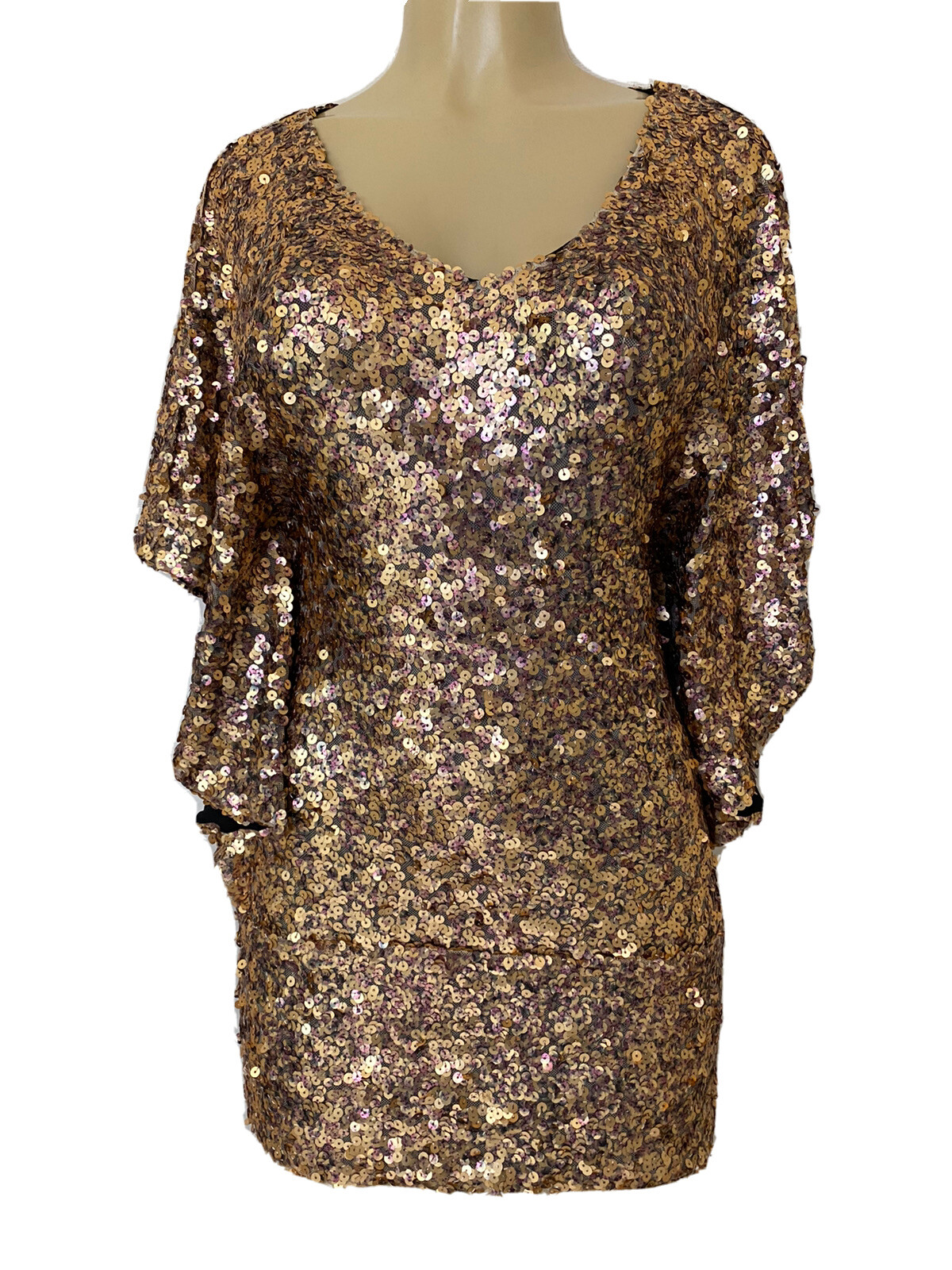 Alberto Makali Sequin Dress Mini Gold Bronze Dolman Batwing Sleeve V Neck S