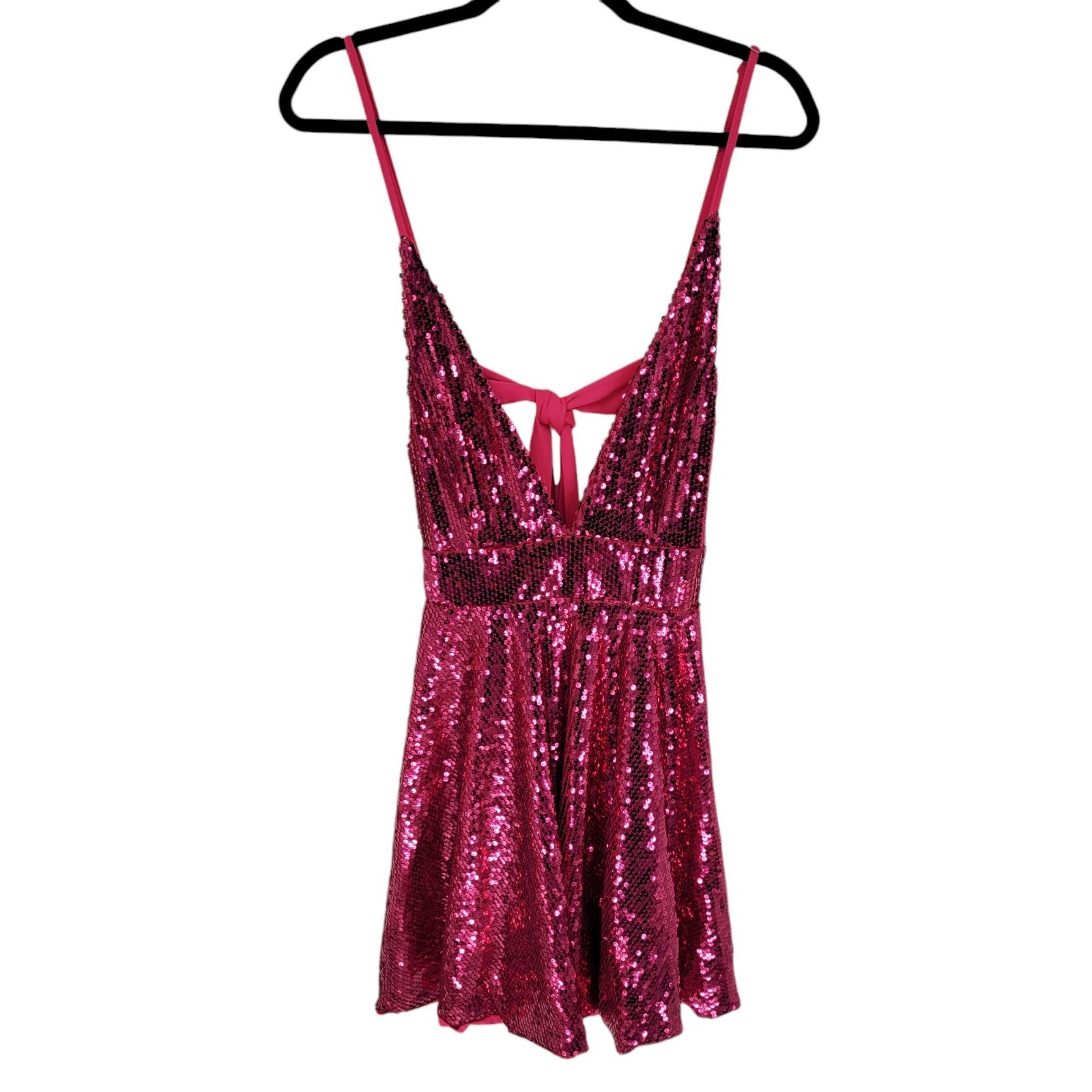 Pink womens Large sequin v neck tie back speghetti strap party mini dress