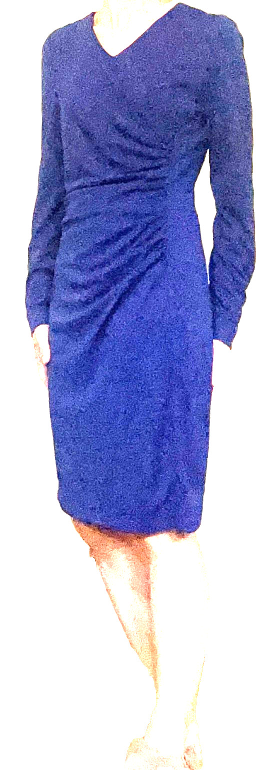Shesmiss Blue Long Sleeve Polyester V-Neck Ruched Dress Made In Korea, Sz 4 -EUC
