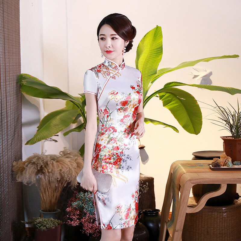 Short Sleeves Silk Satin Cheongsam Chinese Women’s Dress Tight Qipao Size S-6XL